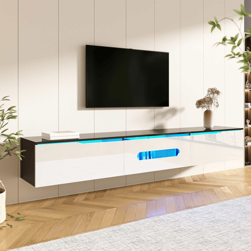 Móvel de TV 180 cm - Superfície brilhante, com iluminação LED de 16 cores, montável na parede - Preto, Branco