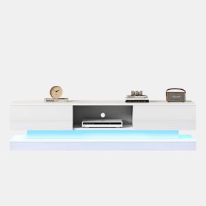 Móvel de TV 160x35x40,5 cm - Branco alto brilho, com LED, 2 gavetas, controlo por aplicação, design anti-capotamento - Branco