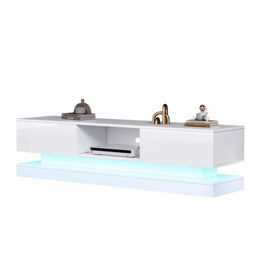 Móvel de TV 160x35x40,5 cm - Branco alto brilho, com LED, 2 gavetas, controlo por aplicação, design anti-capotamento - Branco
