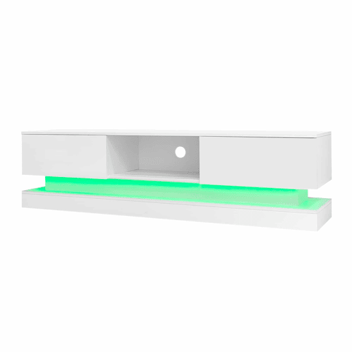 Móvel de TV 160x35x40,5 cm - Branco alto brilho, com LED, 2 gavetas, controlo por aplicação, design anti-capotamento - Branco