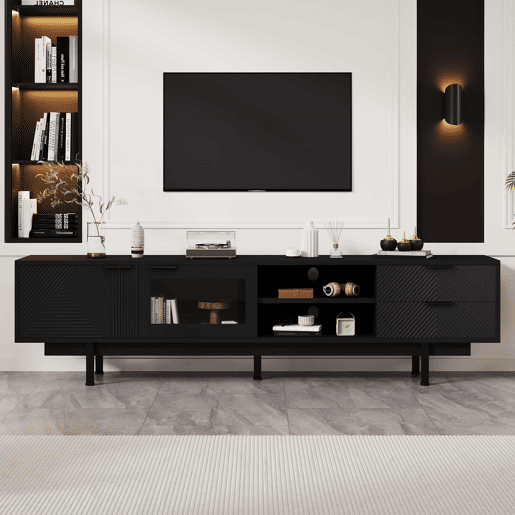 Móvel de TV 200x40x50,5 cm - Lowboard com 2 portas e 2 gavetas, suporte para TV com grande capacidade de armazenamento - Preto