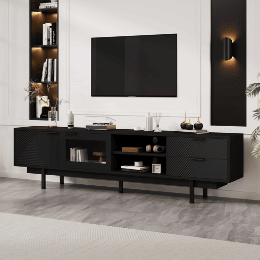 Móvel de TV 200x40x50,5 cm - Lowboard com 2 portas e 2 gavetas, suporte para TV com grande capacidade de armazenamento - Preto