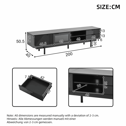 Móvel de TV 200x40x50,5 cm - Lowboard com 2 portas e 2 gavetas, suporte para TV com grande capacidade de armazenamento - Preto