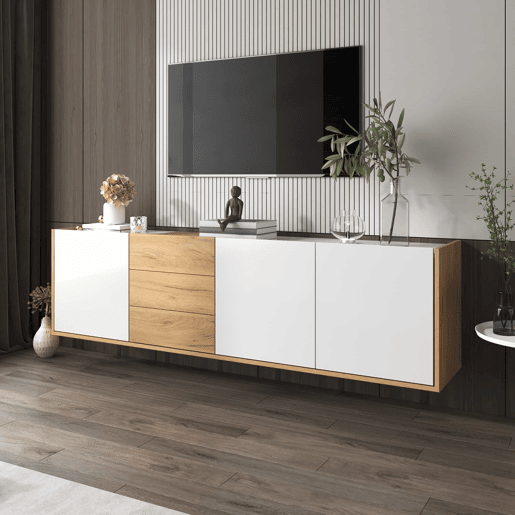 Móvel de TV - Branco e madeira - Painel inferior, opção de pendurar ou colocar no chão Móvel de TV - Branco e madeira - Painel inferior, opção de pendurar ou colocar no chão