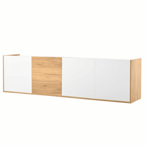 Móvel de TV - Branco e madeira - Painel inferior, opção de pendurar ou colocar no chão Móvel de TV - Branco e madeira - Painel inferior, opção de pendurar ou colocar no chão