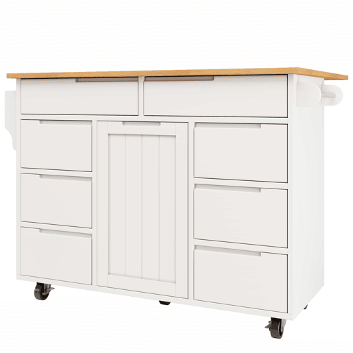 Ilha de cozinha moderna 122x74,5x91,5 cm - Carrinho com rodas e bancada, 8 gavetas, branco