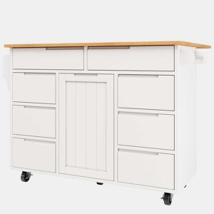 Ilha de cozinha moderna 122x74,5x91,5 cm - Carrinho com rodas e bancada, 8 gavetas, branco