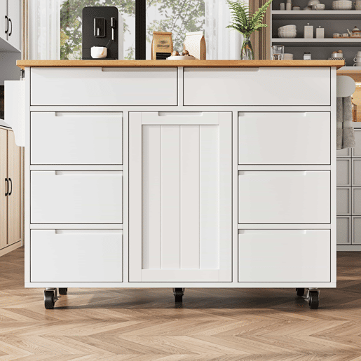 Ilha de cozinha moderna 122x74,5x91,5 cm - Carrinho com rodas e bancada, 8 gavetas, branco