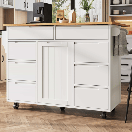 Ilha de cozinha moderna 122x74,5x91,5 cm - Carrinho com rodas e bancada, 8 gavetas, branco