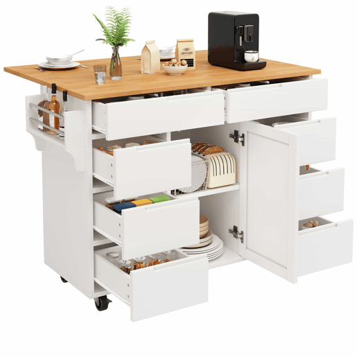 Ilha de cozinha moderna 122x74,5x91,5 cm - Carrinho com rodas e bancada, 8 gavetas, branco