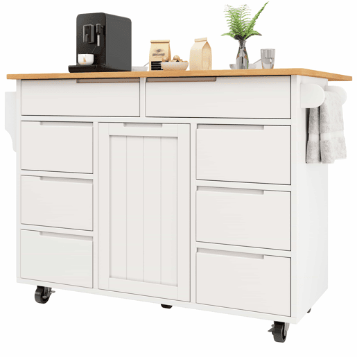 Ilha de cozinha moderna 122x74,5x91,5 cm - Carrinho com rodas e bancada, 8 gavetas, branco