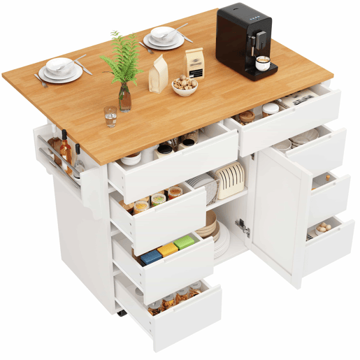 Ilha de cozinha moderna 122x74,5x91,5 cm - Carrinho com rodas e bancada, 8 gavetas, branco