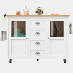 Ilha de cozinha 120x73x93cm - carrinho extraível com rodas, 2 portas, 4 gavetas, prateleiras ajustáveis, branco