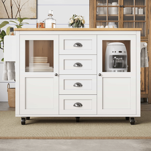 Ilha de cozinha 120x73x93cm - carrinho extraível com rodas, 2 portas, 4 gavetas, prateleiras ajustáveis, branco