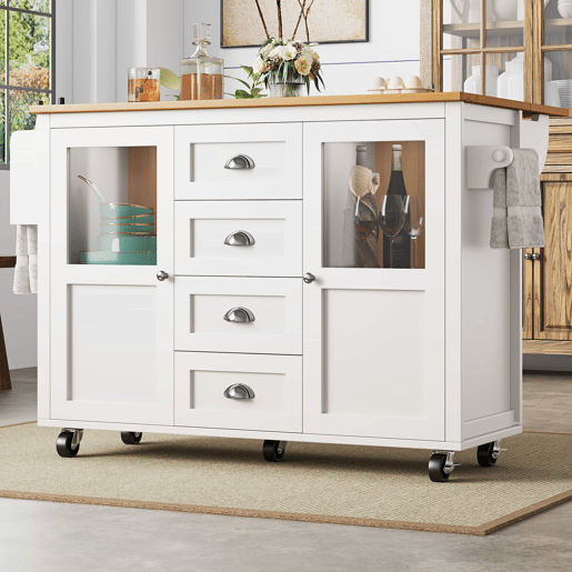 Ilha de cozinha 120x73x93cm - carrinho extraível com rodas, 2 portas, 4 gavetas, prateleiras ajustáveis, branco