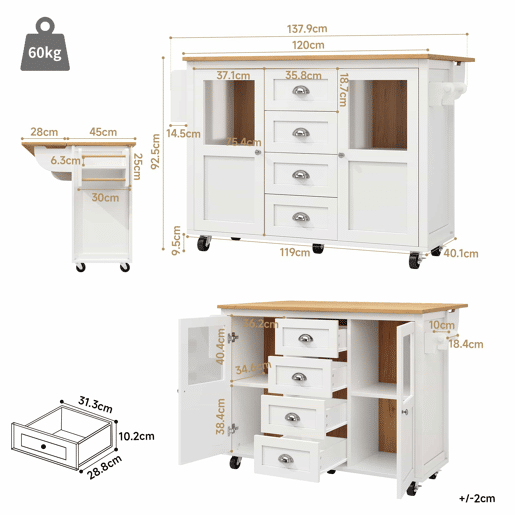 Ilha de cozinha 120x73x93cm - carrinho extraível com rodas, 2 portas, 4 gavetas, prateleiras ajustáveis, branco