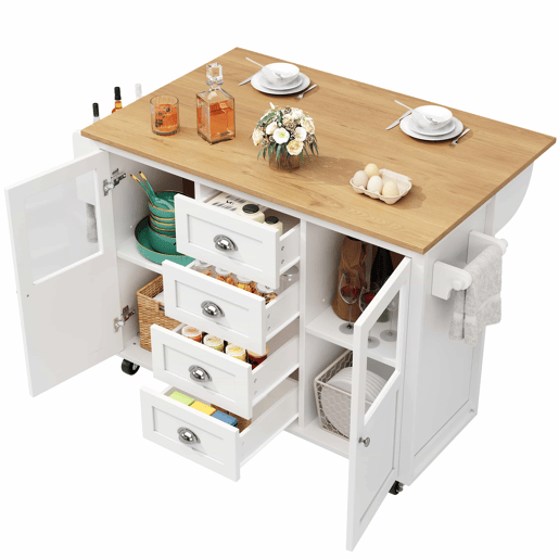 Ilha de cozinha 120x73x93cm - carrinho extraível com rodas, 2 portas, 4 gavetas, prateleiras ajustáveis, branco