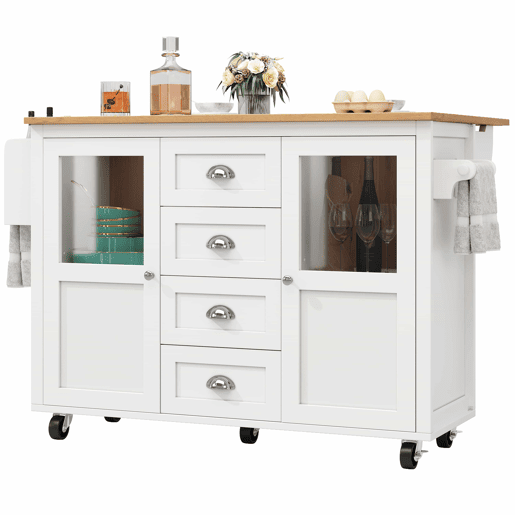 Ilha de cozinha 120x73x93cm - carrinho extraível com rodas, 2 portas, 4 gavetas, prateleiras ajustáveis, branco