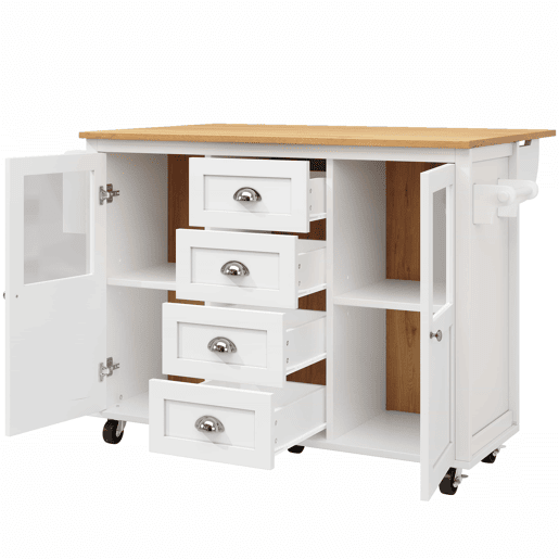 Ilha de cozinha 120x73x93cm - carrinho extraível com rodas, 2 portas, 4 gavetas, prateleiras ajustáveis, branco