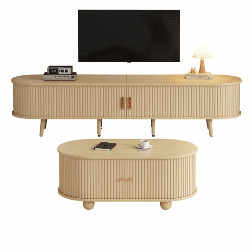 Móvel de TV + Mesa de centro - Combinação ovalada com arrumação - Cor madeira natural