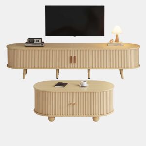 Móvel de TV + Mesa de centro - Combinação ovalada com arrumação - Cor madeira natural