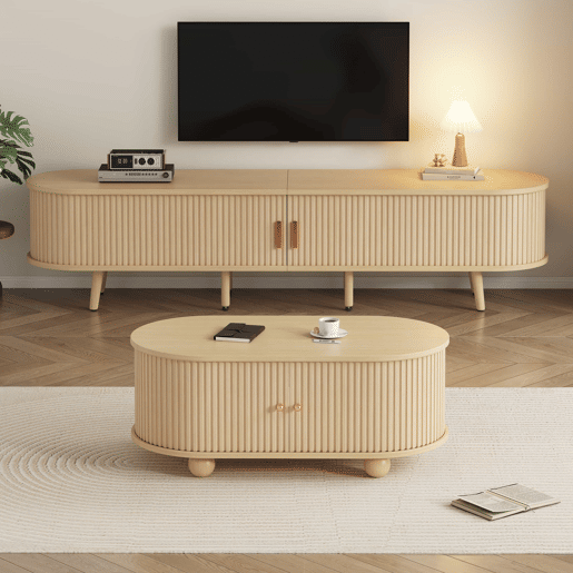 Móvel de TV + Mesa de centro - Combinação ovalada com arrumação - Cor madeira natural