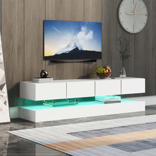 Móvel para TV LED 130x33x15 cm - Com 2 armários, 4 gavetas grandes, iluminação LED de 16 cores - Branco Móvel para TV LED 130x33x15 cm - Com 2 armários, 4 gavetas grandes, iluminação LED de 16 cores - Branco