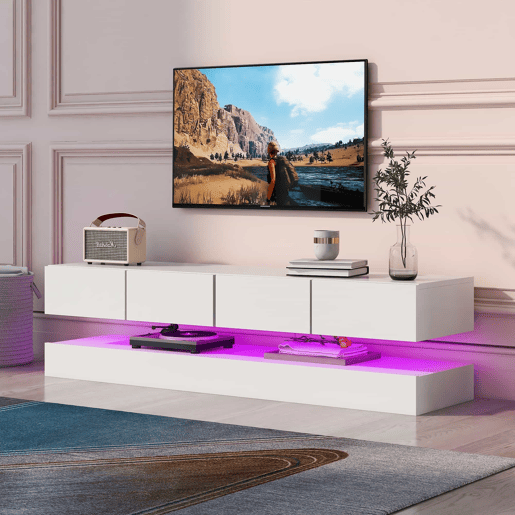 Móvel para TV LED 130x33x15 cm - Com 2 armários, 4 gavetas grandes, iluminação LED de 16 cores - Branco Móvel para TV LED 130x33x15 cm - Com 2 armários, 4 gavetas grandes, iluminação LED de 16 cores - Branco