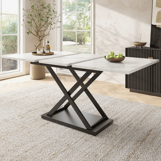 Mesa de jantar retrátil - MDF e metal - tampo com efeito mármore - Branco