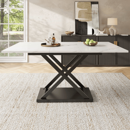 Mesa de jantar retrátil - MDF e metal - tampo com efeito mármore - Branco