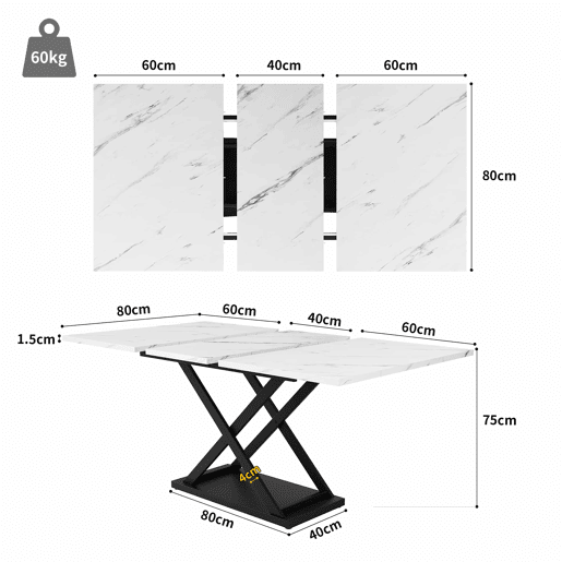 Mesa de jantar retrátil - MDF e metal - tampo com efeito mármore - Branco