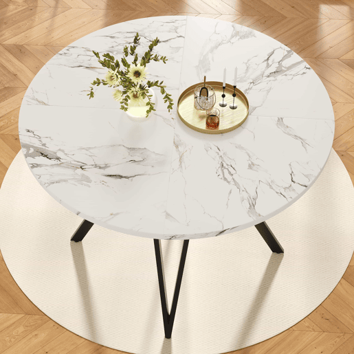 Mesa redonda 100x100 cm - Mesa de jantar, mesa de café para 4 pessoas, pernas de metal, superfície de MDF com mármore - Preto