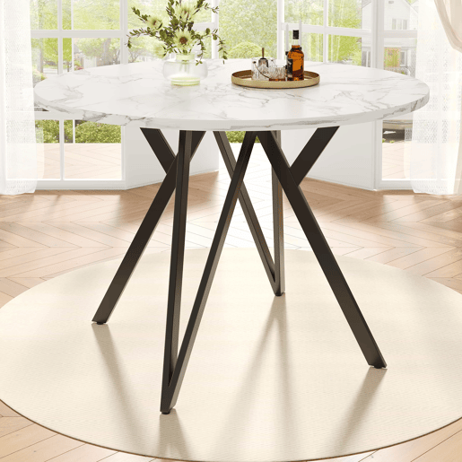Mesa redonda 100x100 cm - Mesa de jantar, mesa de café para 4 pessoas, pernas de metal, superfície de MDF com mármore - Preto