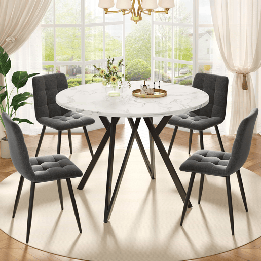 Mesa redonda 100x100 cm - Mesa de jantar, mesa de café para 4 pessoas, pernas de metal, superfície de MDF com mármore - Preto