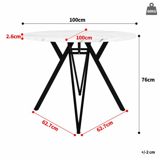 Mesa redonda 100x100 cm - Mesa de jantar, mesa de café para 4 pessoas, pernas de metal, superfície de MDF com mármore - Preto