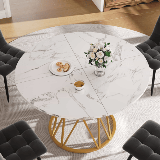 Mesa redonda 100x100 cm - Mesa de cozinha, mesa de café para 4 pessoas, pernas de metal, tampo em MDF com acabamento em mármore - Dourado