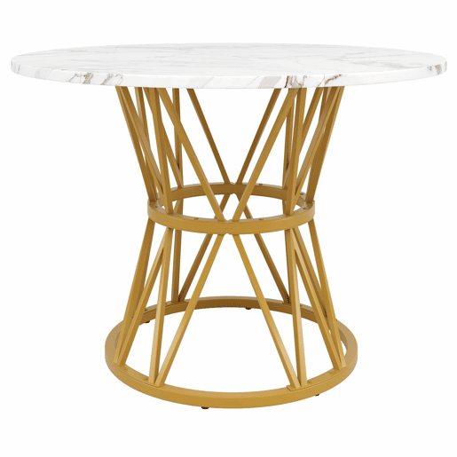 Mesa redonda 100x100 cm - Mesa de cozinha, mesa de café para 4 pessoas, pernas de metal, tampo em MDF com acabamento em mármore - Dourado