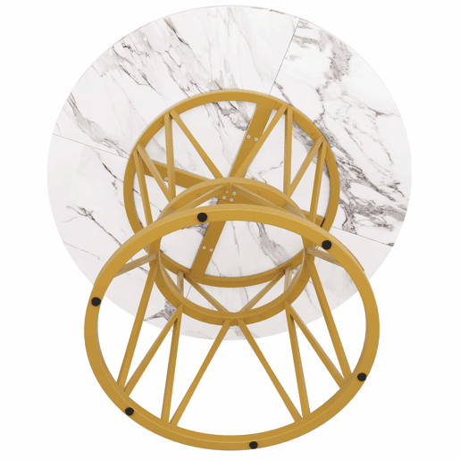 Mesa redonda 100x100 cm - Mesa de cozinha, mesa de café para 4 pessoas, pernas de metal, tampo em MDF com acabamento em mármore - Dourado