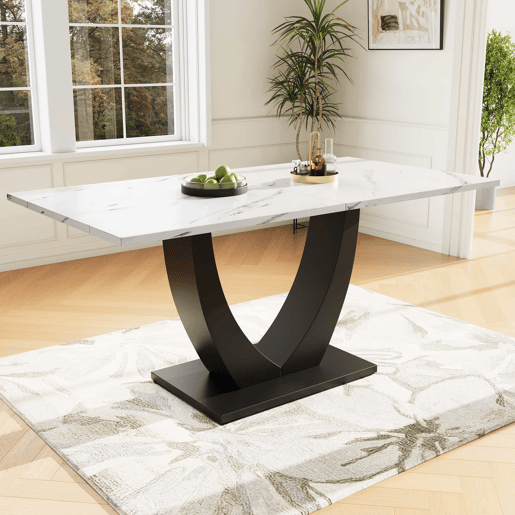 Mesa de jantar 140x75,5 cm - Mesa de cozinha moderna, estrutura em metal, padrão marmorizado, pés ajustáveis - BrancoPreto