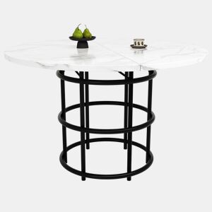 Mesa redonda 100×100×76 cm - Mesa de jantar, mesa de café para 4-6 pessoas, com pernas metálicas em forma de anel, tampo em MDF marmorizado - Preto