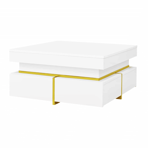 Mesa de centro com 2 gavetas - aspeto brilhante e decorações douradas - Branco Mesa de centro com 2 gavetas - aspeto brilhante e decorações douradas - Branco