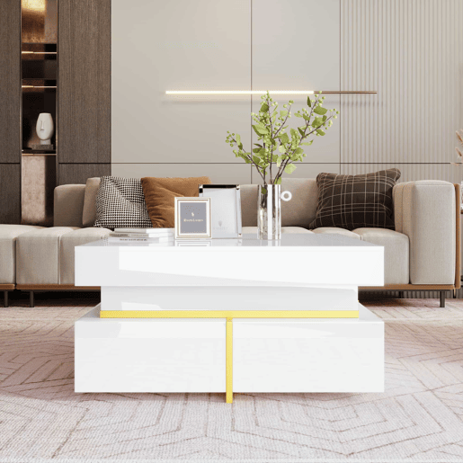 Mesa de centro com 2 gavetas - aspeto brilhante e decorações douradas - Branco Mesa de centro com 2 gavetas - aspeto brilhante e decorações douradas - Branco