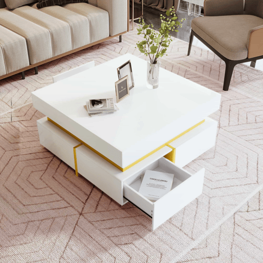 Mesa de centro com 2 gavetas - aspeto brilhante e decorações douradas - Branco Mesa de centro com 2 gavetas - aspeto brilhante e decorações douradas - Branco