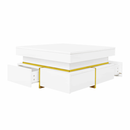Mesa de centro com 2 gavetas - aspeto brilhante e decorações douradas - Branco Mesa de centro com 2 gavetas - aspeto brilhante e decorações douradas - Branco
