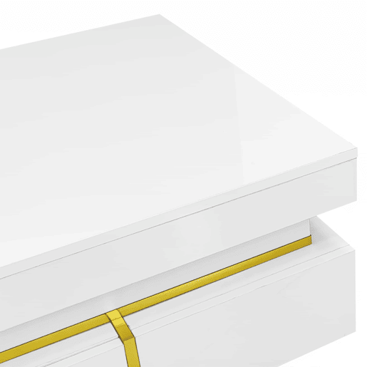Mesa de centro com 2 gavetas - aspeto brilhante e decorações douradas - Branco Mesa de centro com 2 gavetas - aspeto brilhante e decorações douradas - Branco