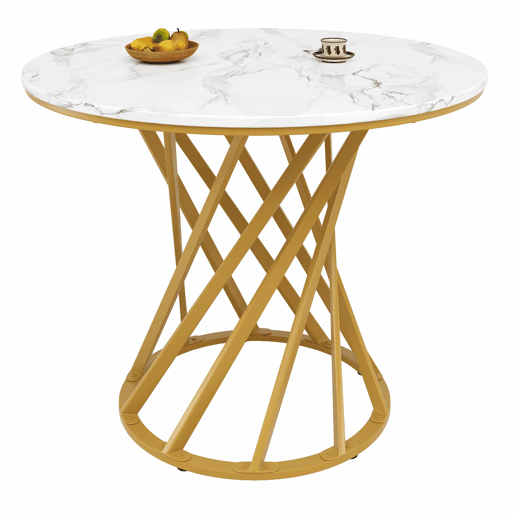 Mesa redonda 80x80x76 cm - Mesa de jantar e café para 4 pessoas - Tampo em MDF marmorizado, pernas metálicas douradas