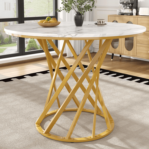 Mesa redonda 80x80x76 cm - Mesa de jantar e café para 4 pessoas - Tampo em MDF marmorizado, pernas metálicas douradas