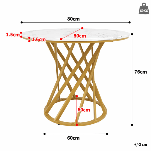 Mesa redonda 80x80x76 cm - Mesa de jantar e café para 4 pessoas - Tampo em MDF marmorizado, pernas metálicas douradas
