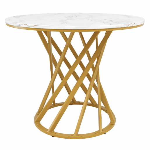 Mesa redonda 80x80x76 cm - Mesa de jantar e café para 4 pessoas - Tampo em MDF marmorizado, pernas metálicas douradas