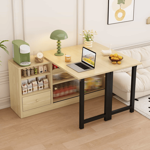 Mesa de jantar extensível com arrumação - Mesa de jantar moderna e móvel, mesa dobrável com grande arrumação, giratória a 360° - Natural